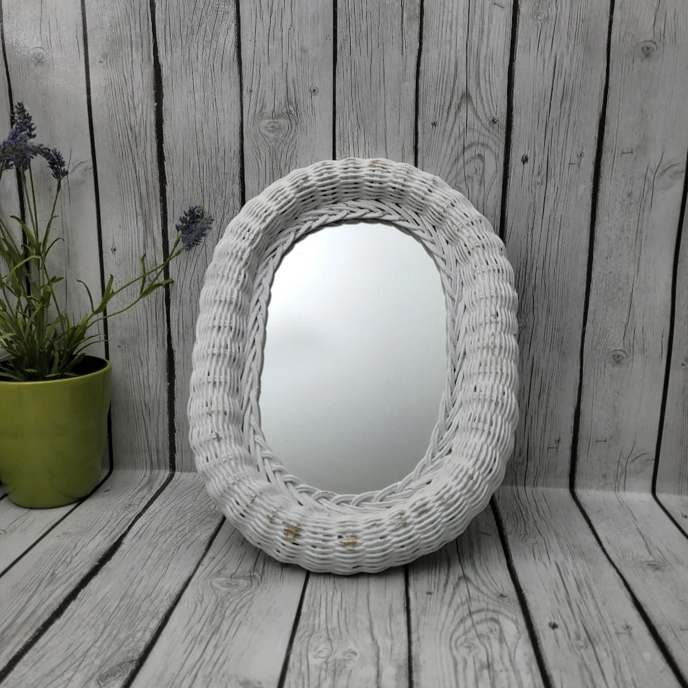 Vintage Distressed Oval White Wicker Mirror